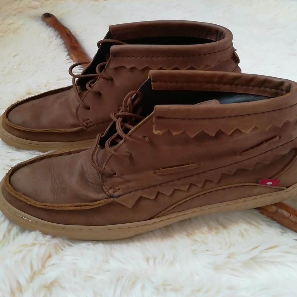 Leather high top moccasins, real rubber soles.